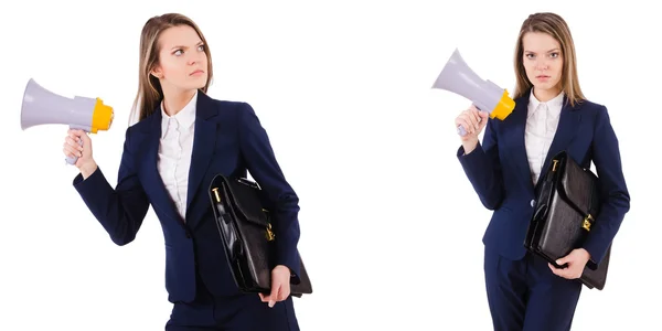 Businesswoman with loudspeaker isolated on white — Stock Photo, Image