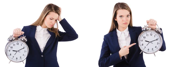 Zakenvrouw met klok geïsoleerd op wit — Stockfoto