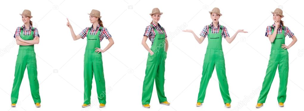 Collage of woman wearing green coveralls isolated on white