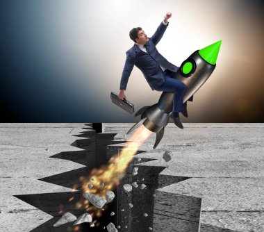 İş adamı roketle kaya boşluğundan uçuyor