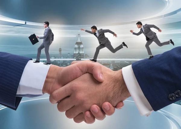 The cooperation concept with people running on handshake — Stock Photo, Image