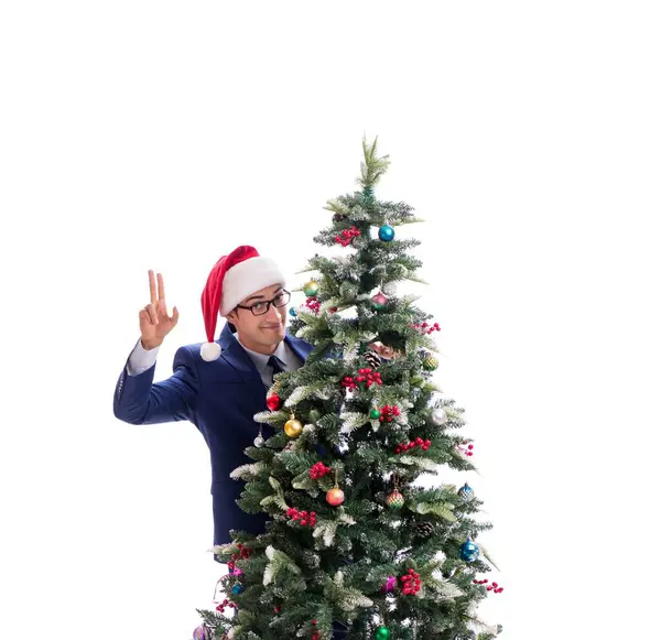 Empresario decorando árbol de navidad aislado en blanco —  Fotos de Stock