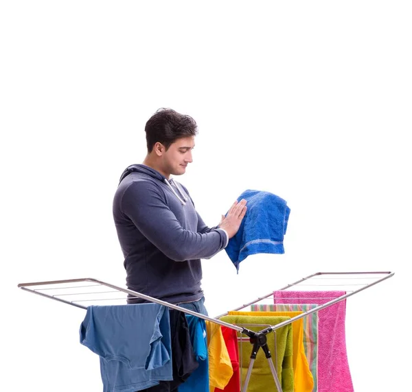 Husband man doing laundry isolated on white — Stock Photo, Image