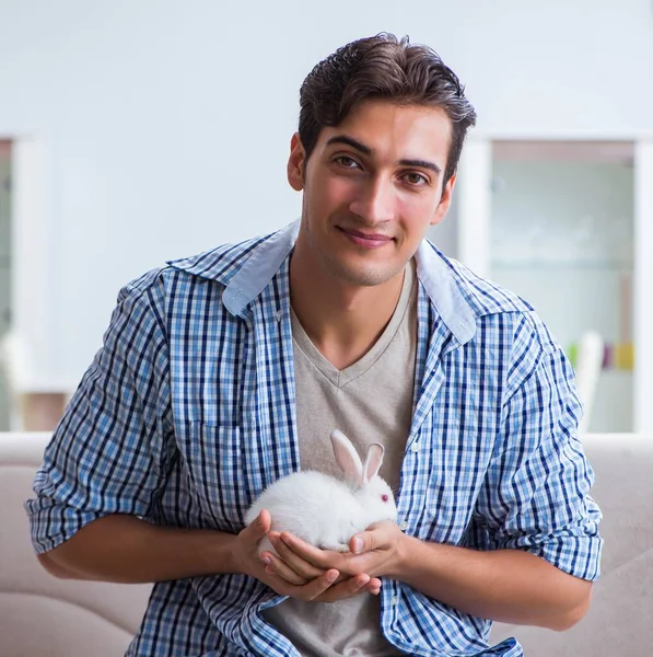 Young man playing with pet rabbit at home — Stock Photo, Image