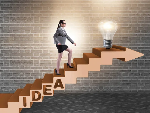 Concept of idea with businesswoman climbing steps stairs — Stock Photo, Image