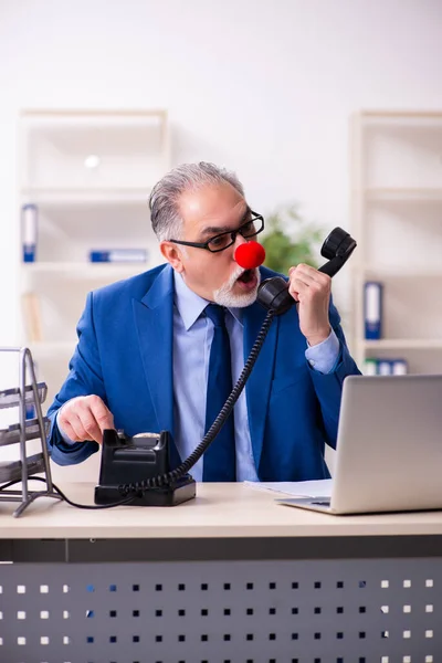 Vieil homme d'affaires clown travaillant dans le bureau — Photo