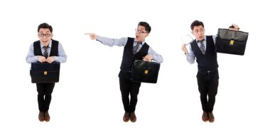 Beyaz çantalı komik iş adamı.