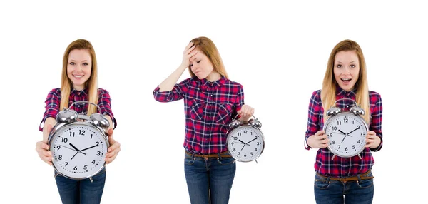 Donna con orologio isolato su bianco — Foto Stock