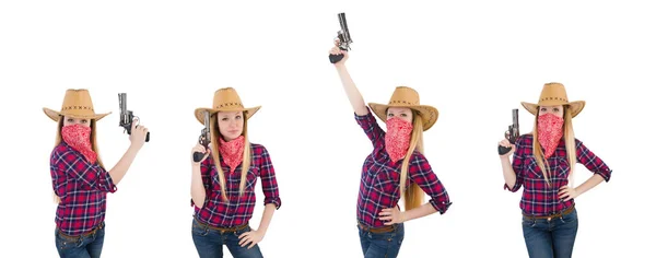 Cowgirl woman with gun isolated on white — Stock Photo, Image