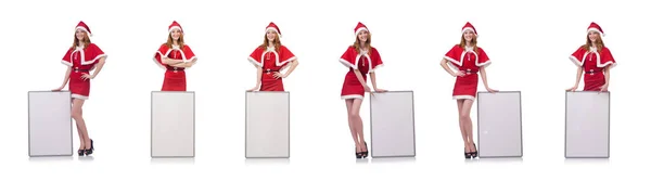 Jeune femme en costume de Père Noël rouge avec tableau blanc — Photo