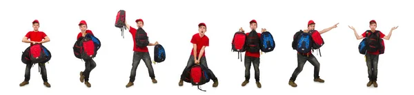 Ung resenär med ryggsäck isolerad på vitt — Stockfoto