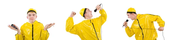 Hombre en traje amarillo aislado en blanco — Foto de Stock