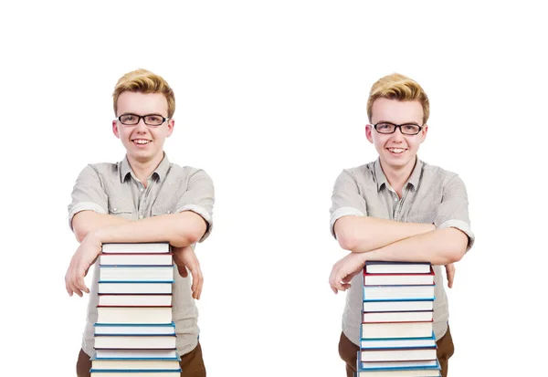 Grappige student met stapel boeken — Stockfoto