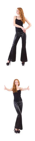 Mujer pelirroja en pantalones inferiores de campana negra en blanco —  Fotos de Stock
