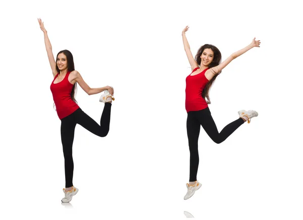 Mujer joven haciendo ejercicios deportivos aislados en blanco — Foto de Stock