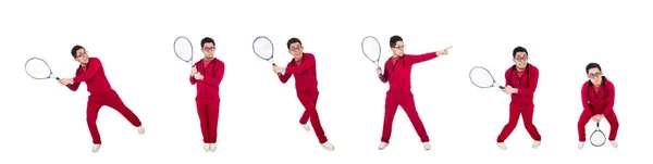 Jugador de tenis divertido aislado en blanco —  Fotos de Stock