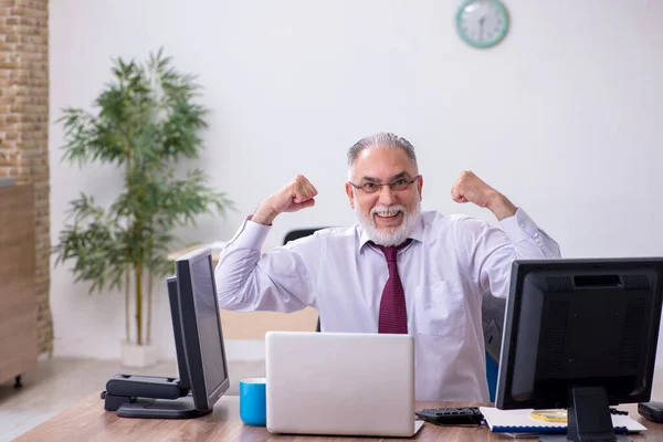 Old male boss sitting at desktop in the office — Stock Photo, Image