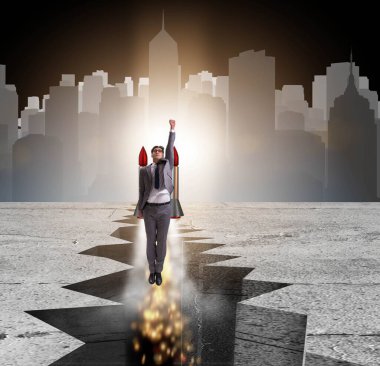 İş adamı roketle kaya boşluğundan uçuyor