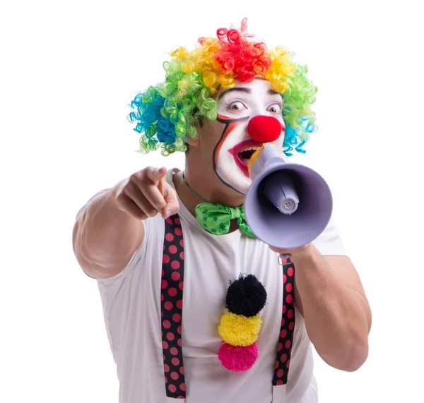 Legrační klaun s megafonem izolované na bílém pozadí — Stock fotografie