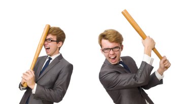 Beyazda beysbol sopası olan genç iş adamı