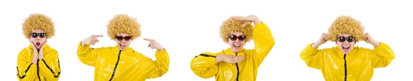 Hombre en traje amarillo aislado en blanco — Foto de Stock