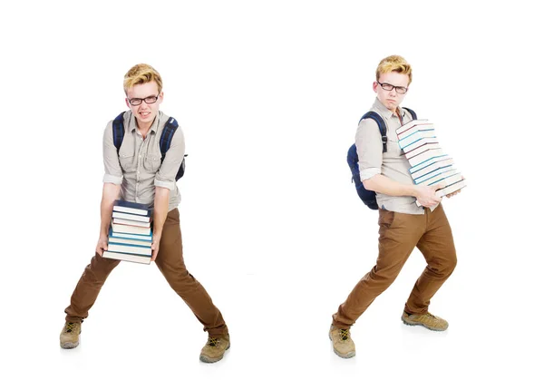 Estudiante divertido con pila de libros — Foto de Stock