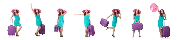 Menina com malas isoladas em branco — Fotografia de Stock