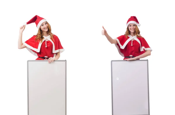 Jovem no traje vermelho do Papai Noel com placa em branco — Fotografia de Stock