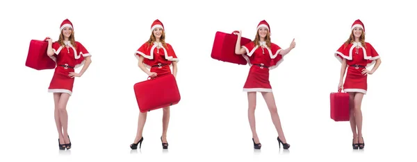 Giovane donna in costume da Babbo Natale rosso su bianco — Foto Stock