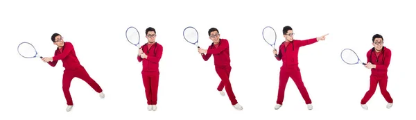 Jogador de tênis engraçado isolado em branco — Fotografia de Stock