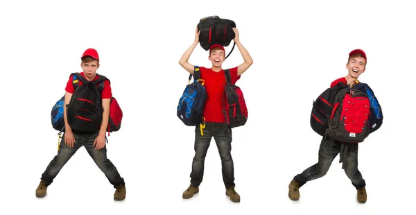 Young traveller with backpack isolated on white — Stock Photo, Image