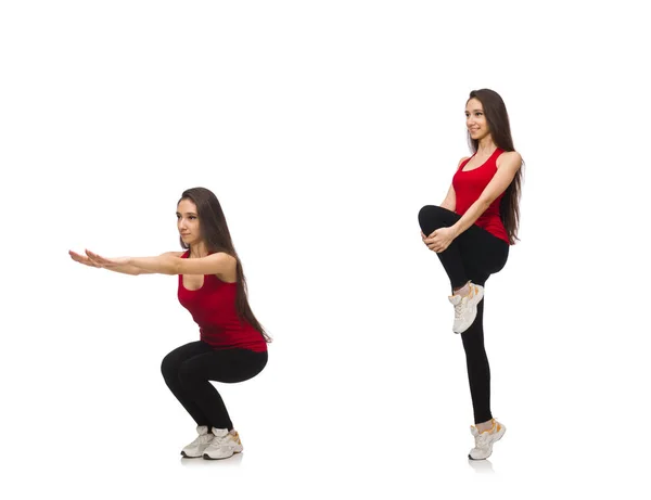 Young woman doing sport exercises isolated on white — Stock Photo, Image