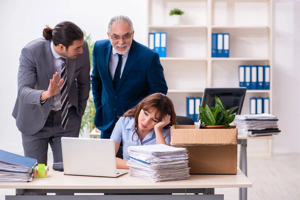 Two male and one female employees working in the office — Stock Photo, Image