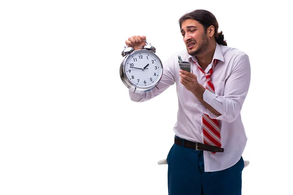 Ongelukkig jong mannelijk werknemer in time management concept — Stockfoto