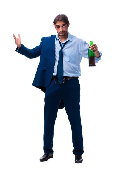 Young male employee alcoholic isolated on white — Stock Photo, Image