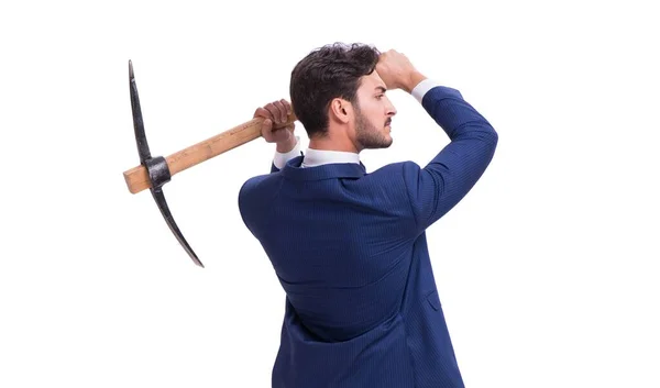 Joven hombre de negocios con hacha aislada en blanco — Foto de Stock