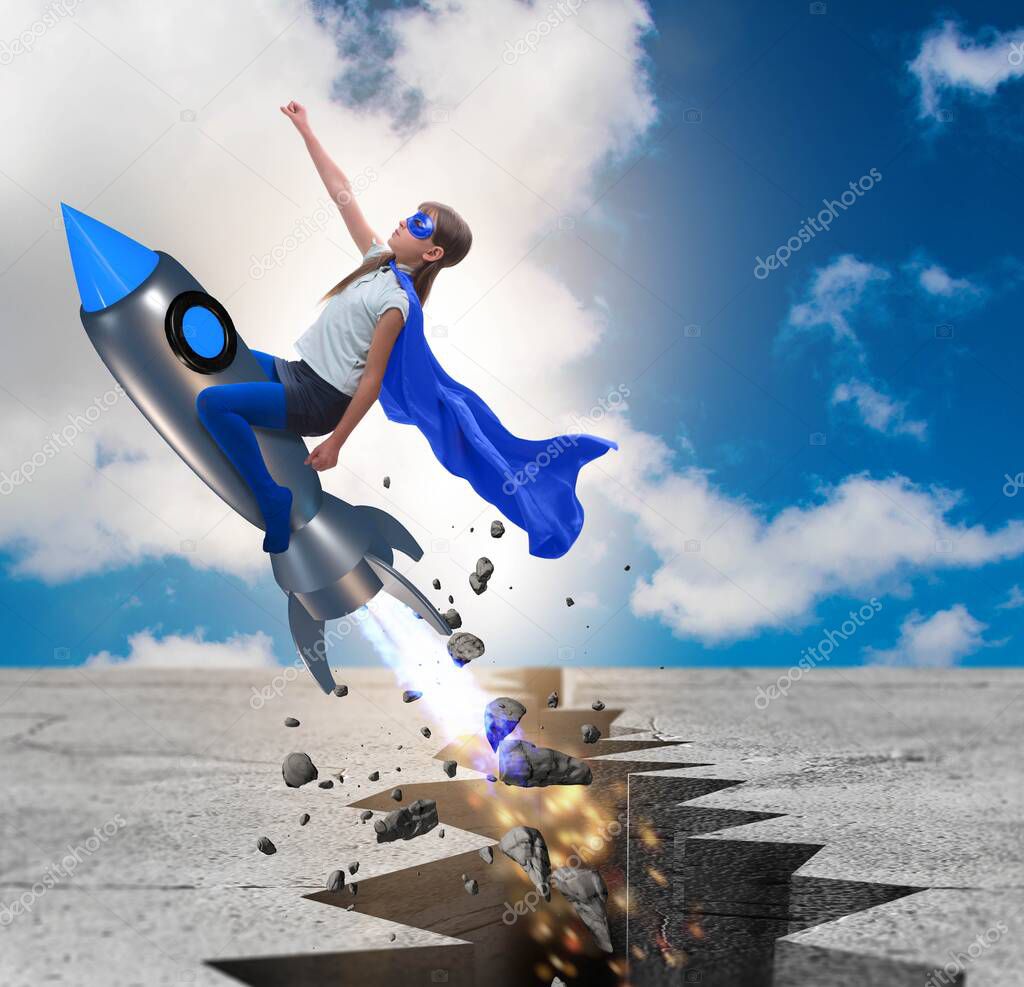 The superhero kid flying on rocket