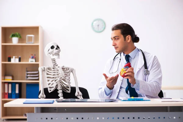 Jovem médico cardiologista e paciente esqueleto no clini — Fotografia de Stock