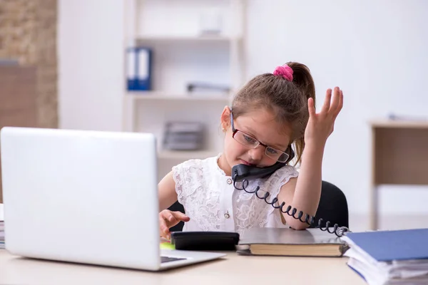 Забавная маленькая девочка-бухгалтер работает в офисе — стоковое фото