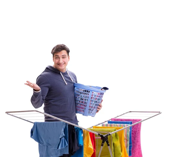 Marido hombre haciendo ropa aislada en blanco — Foto de Stock