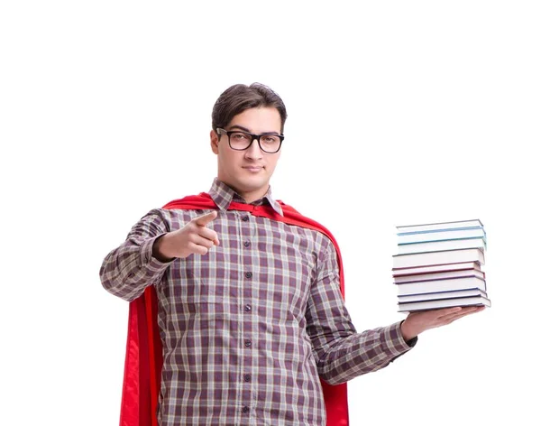 Étudiant super héros avec des livres isolés sur blanc — Photo