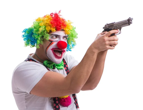 Vtipný klaun s pistolí izolované na bílém pozadí — Stock fotografie