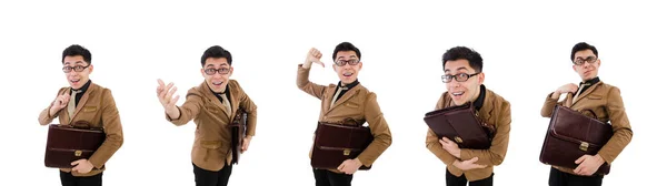 Молодий чоловік з коричневим портфелем ізольовано на білому — стокове фото