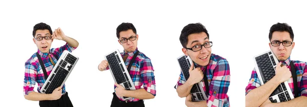 Computer-Nerd mit Tastatur isoliert auf weiß — Stockfoto