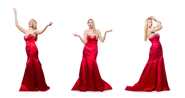 Mulher em vestido de noite vermelho bonito isolado no branco — Fotografia de Stock