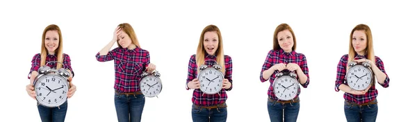 Жінка з годинником ізольована на білому — стокове фото