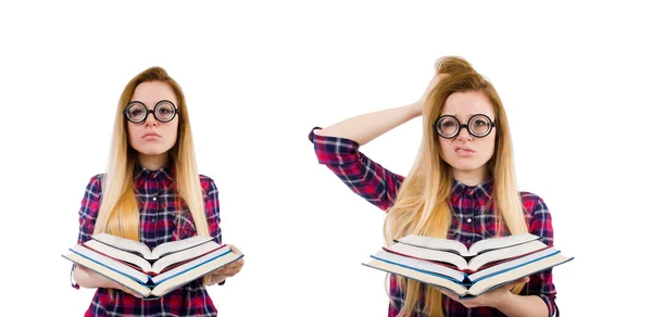 Lustiger Student mit Bücherstapel — Stockfoto