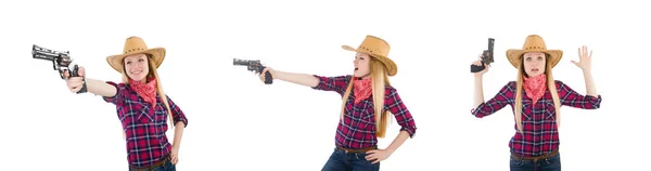 Cowgirl Frau mit Waffe isoliert auf weiß — Stockfoto