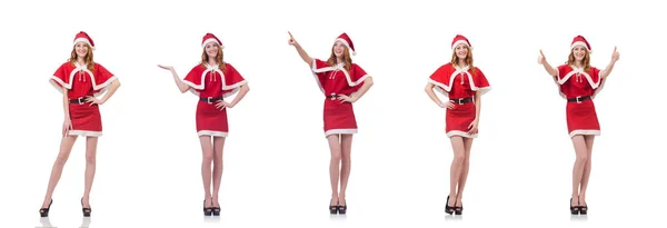 Giovane donna in costume da Babbo Natale rosso su bianco — Foto Stock