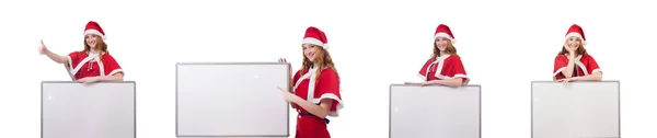 Jeune femme en costume de Père Noël rouge avec tableau blanc — Photo